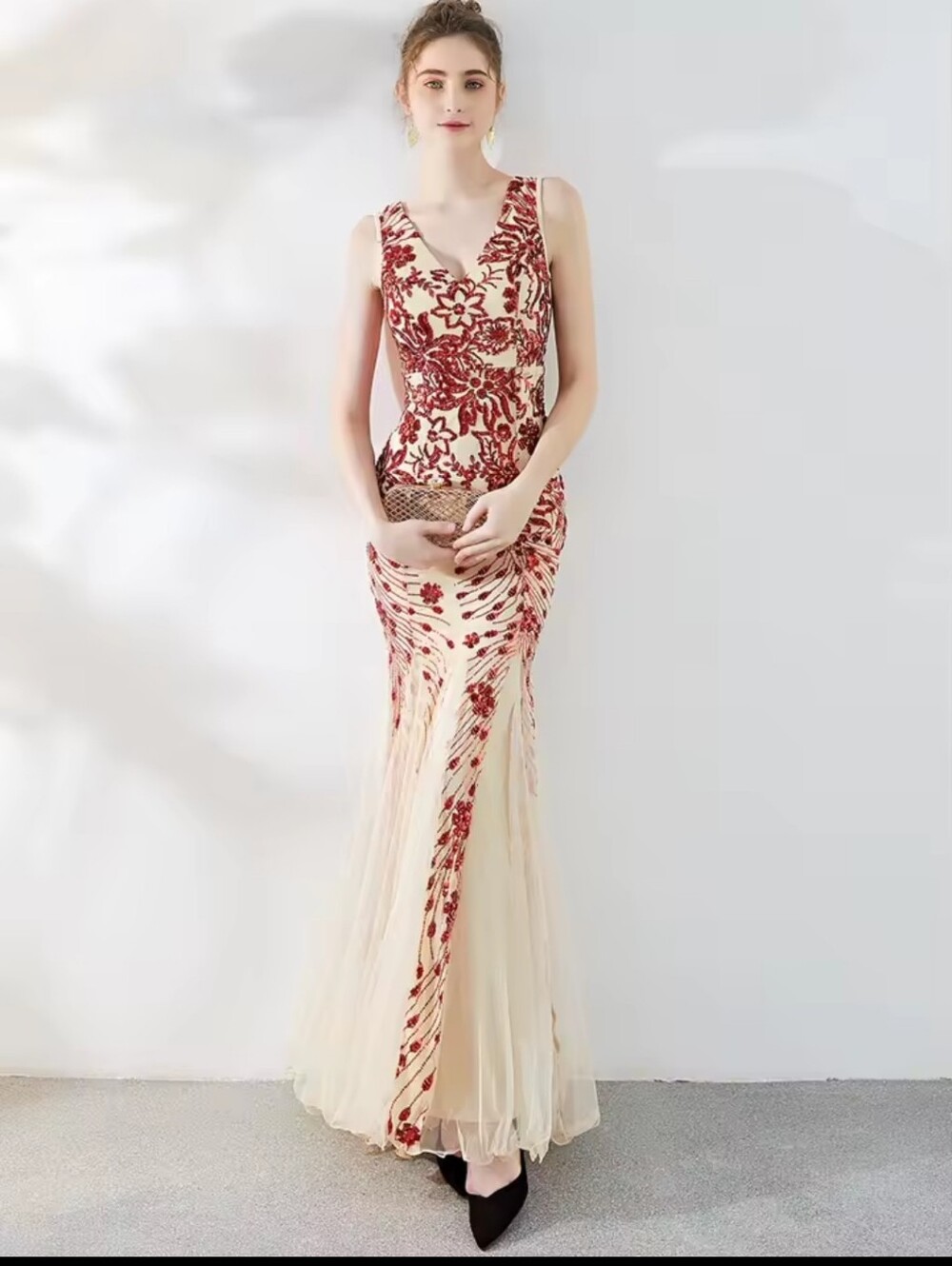 Red Floral Sequined Mermaid Gown